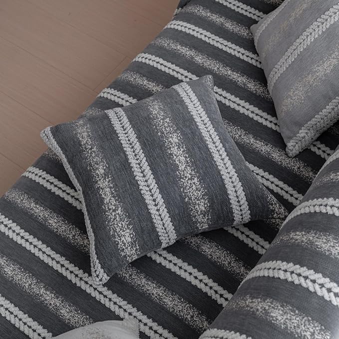 Pack of 1 Decorative Throw Pillow Covers 12x20 Inch, Pillow Cases for Living Room Couch Bedroom Farmhouse Home Decor, Soft Stripe Chenille Cushion Covers for Sofa Grey,20''x20''