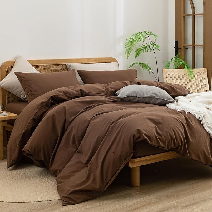 BESTOUCH Duvet Cover Set 100% Washed Cotton Linen Feel Super Soft Comfortable Chic Lightweight 3 PCs Home Bedding Set Solid Cocoa Brown Super King Plus