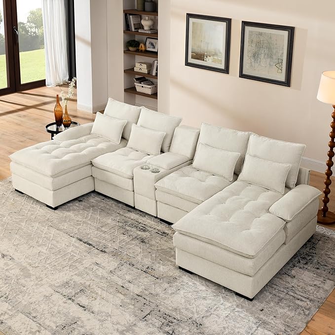 130" U-Shaped Sectional Sofa with Storage Console & Cup Holders, Upholstered 6 Seat Living Room Sleeper Couch Furniture Set w/Chaise, Cloud Cushion Couch for Home, Office, Apartment,Beige