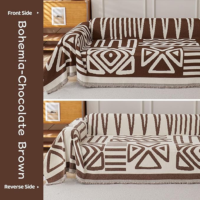 STACYPIK Soft Breathable Boho Chocolate Sofa Cover Stain Resistant Furniture Protector for 3 Cushion Couch Washable Sofa Cover for Dogs Cats Dark Khaki Reversible Sectional Covers for Sofa-91X118IN