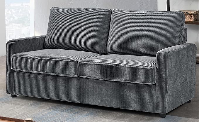 Reversible Sleeper Sofa Bed with Comfortable Memory Foam Mattress, Convertible Corduroy Full Size Pull Out Couch for Living Room, Space Saving Furniture, 70" Wide, Rectangular Arms, Grey