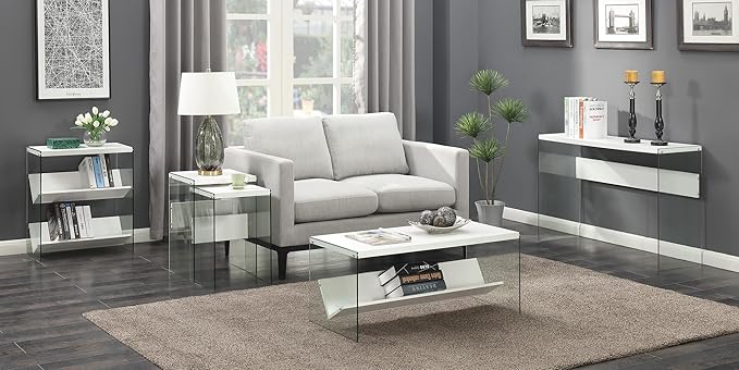 Convenience Concepts SoHo Glass Modern Living Storage Shelf, Contemporary Coffee Table for Family Room, 40", White