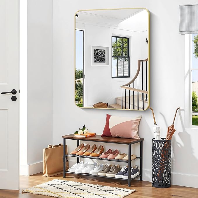 BONEWEI Gold Bathroom Mirror,36x48 inch Wall Mirror for Bathroom Wall Mounted,Round Rectangle Mirror for Bathroom Over Sink,Modern Frame for Home Decor Living Room,Bedroom Entryway,Horizontal/Vertical