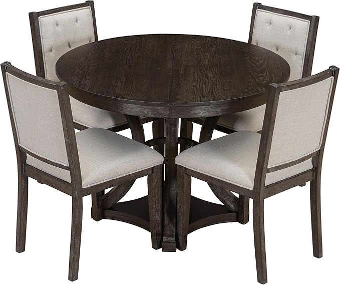 Merax 5-Piece Extendable Round Dining Table Set 42"-58" Retro Functional Table and 4 Upholstered Chairs for Dining Room and Living Room (Espresso)