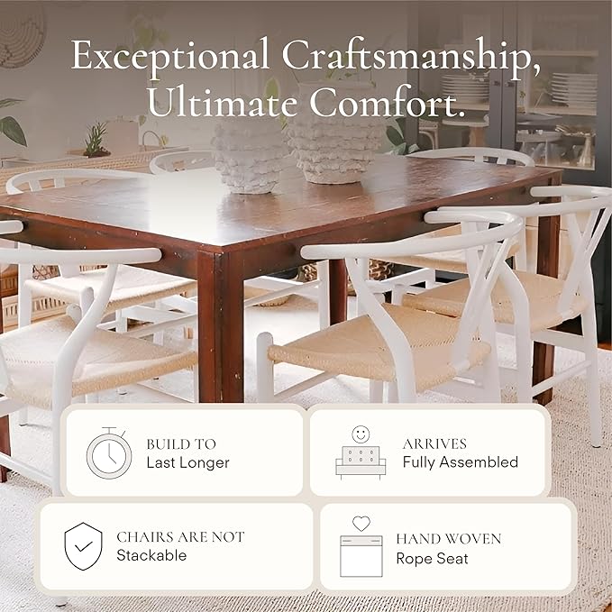 POLY & BARK Weave Dining Chairs – Mid-Century Modern Wishbone Dining Chairs with Arms, Solid Wood Frame, Indoor Use – White – Set of 2 - Ideal for Dining Room, Kitchen or Stylish Accent Setting