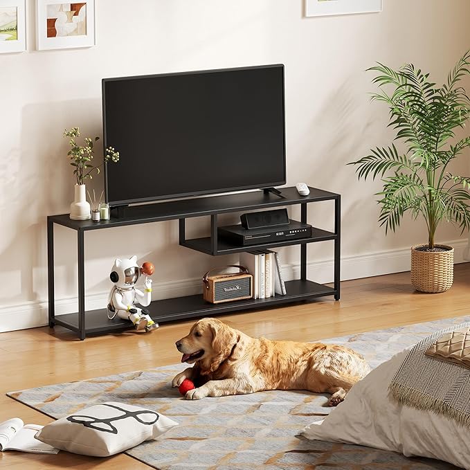 TECHMILLY Modern TV Stand for 55" TV, TV Table with Storage Shelves, Entertainment Center with Metal Frame, TV Console Table for Living Room, Bedroom, Black