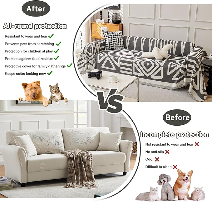 HANDONTIME Reversible Sofa Cover Boho Geometric Couch Cover for Dogs Dark Grey Couches Covers Washable Chenille Couch Covers for 3 Cushion Couch Pet Friendly Furniture Protector for Pets, 91" X118"