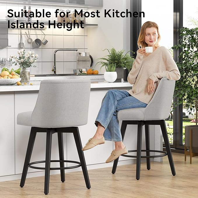 Vipbear Swivel Counter Height Bar Stools Set of 6,26.8" H Counter Stools with Back, Mid Century Modern Bar Stools for Kitchen Island,Linen Fabric,Wooden Base, Light Gray