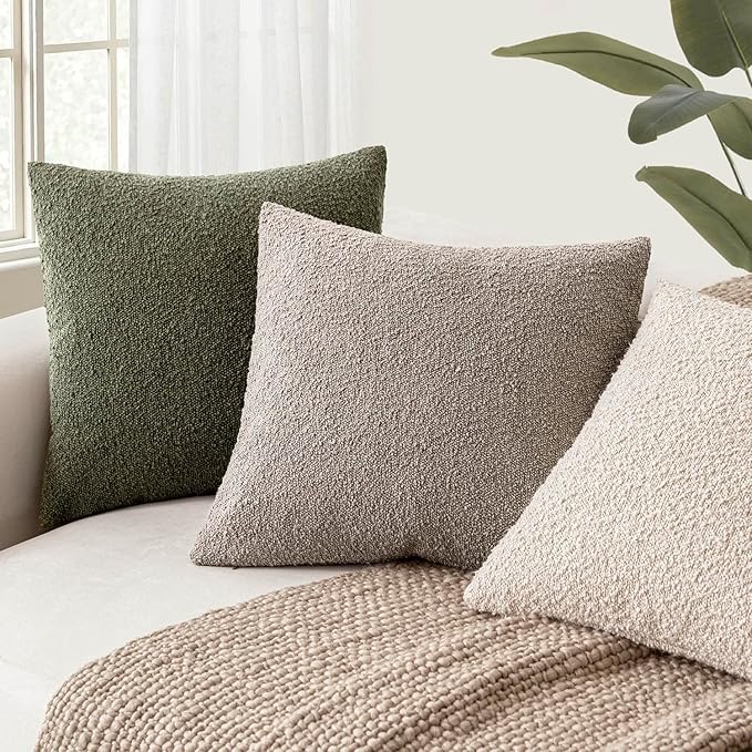 Foindtower Set of 2, Decorative Textured Boucle Throw Pillow Covers Accent Solid Pillow Cases Neutral Soft Cozy Couch Cushion Case for Chair Sofa Bedroom Living Room Home Decor 24x24 Inch Light Taupe