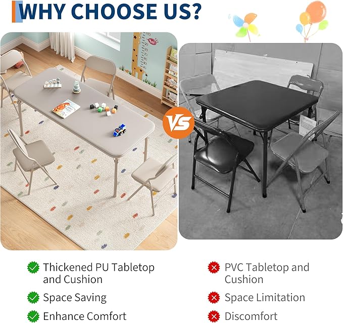 IDEALHOUSE 5 Piece Folding Kids Table and Chairs Set, Children Activity Table and Chairs Set for Dining Room,Daycare,Classrooms