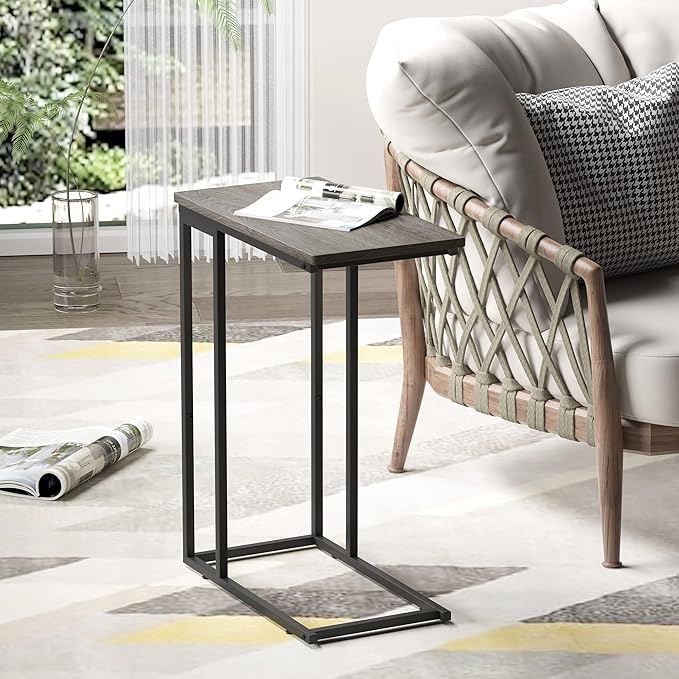 Yusong Small C Shaped End Table, Slim Narrow Couch Side Tables Slide Under Sofa Bed, Skinny Snack Tray Table for Coffee Laptop in Living Room,Easy Assembly,Grey