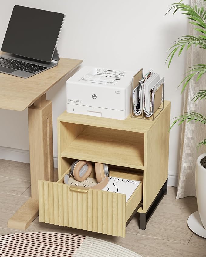 Fluted Night Stand with Charging Station, Wood Nightstand with Large Drawer and Open Storage Cabinet, Mid-Century Modern Bedside Table End Table for Bedroom Closet Office
