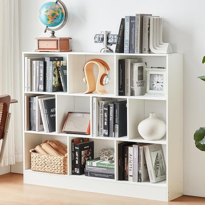 YAHARBO White 10 Cube Bookshelf,3 Tier Modern Horizontal Bookcase,Wooden Low Book Shelf Display Storage Cabinet with Base,Floor Standing Short Bookshelves Open Organizer for Bedroom,Living Room,Office