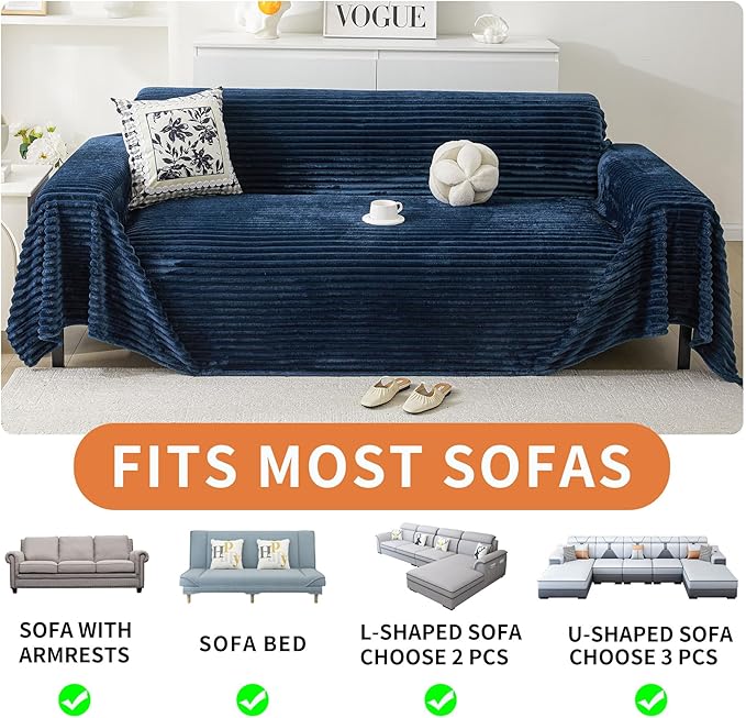 HAOMAIJIA Faux Fur Sofa Covers Couch Covers for 3 Cushion Couch Sofa Pet Friendly Soft Non Slip Couch Cover for Dogs Washable Sectional Couch Covers L Shape Furniture Protector (Navy Blue, 71"x150")