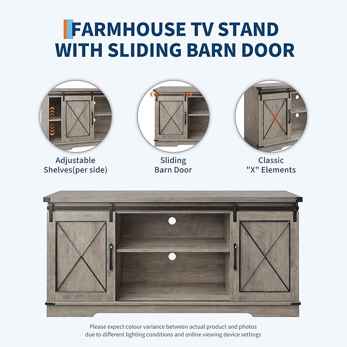 CABIHOME Farmhouse TV Stand and Entertainment Center for TV Up to 65 Inches with Sliding Barn Doors and Adjustable Shelf, TV Media Storage Console Table and Furniture for Living Room, Bedroom, Grey