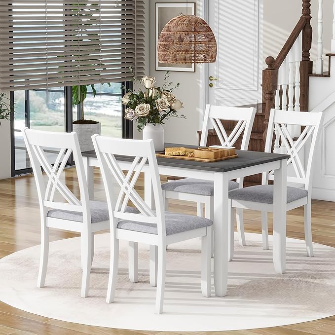 Ball & Cast Dining Table Set for 4 with 4 X-Back Chairs,5-Piece Wooden Living Room Furniture W/ 44.5" Rectangle Kitchen Desk,for Small Space,Apartment,Dining Room,Grey