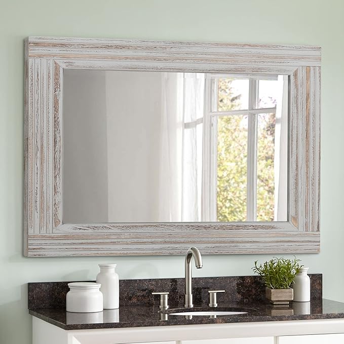 YOSHOOT Hand-Made Wooden Spliced Wall Mirror for Bathroom, Rustic Farmhouse Vanity Mirror, Décor Wall Art, Solid Wood Frame, Vertical or Horizontal Hanging