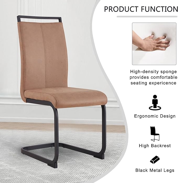 Dining Chairs Set, Kitchen Modern Metal Chairs with Faux Leather Padded Seat High Back and Sturdy Chrome Legs, Chairs for Dining Room (Brown, Set of 4)