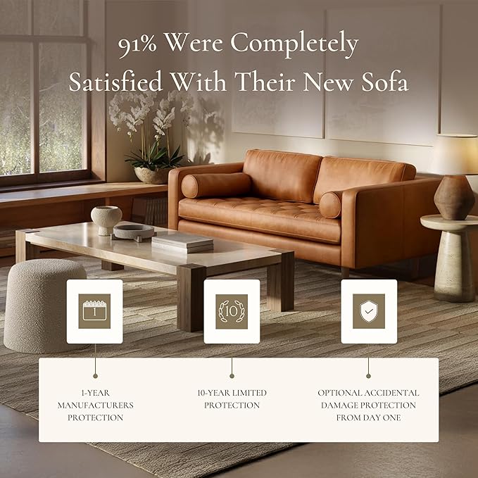 Poly & Bark Napa Leather Couch - 72 Inch Apartment Sofa with 2 Bolsters - Full-Grain Leather Sofa for Living Room with Feather-Down Topper - Living Room Couch - Vintage Italian Leather in Cognac Tan