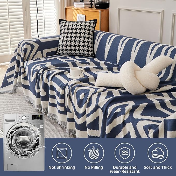 STACYPIK Boho Chenille Blue Sofa Cover L Shaped Couch Cover Reversible Couch Cover for 3 Cushion Couch Non-Silp Furniture Cover for Dogs Cats Sectional Sofa Cover for Loveseat Futon Cover-91X118IN