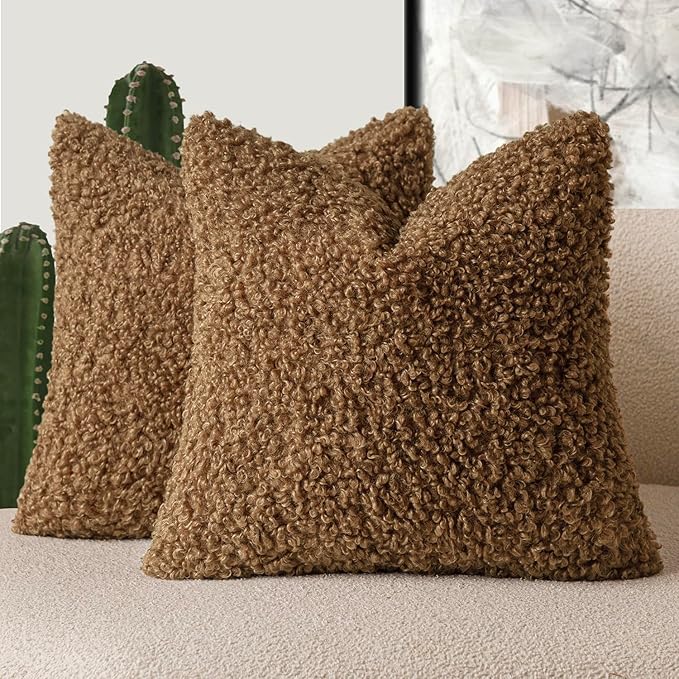 Foindtower 2 Pieces 24x24 Inch Dark Bronze, Faux Fur Throw Pillow Cover Accent Sherpa Furry Pillow Covers Fuzzy Soft Pillowcases Cozy Sheepskin Decorative Fleece Cushion Case for Bed Couch Living Room