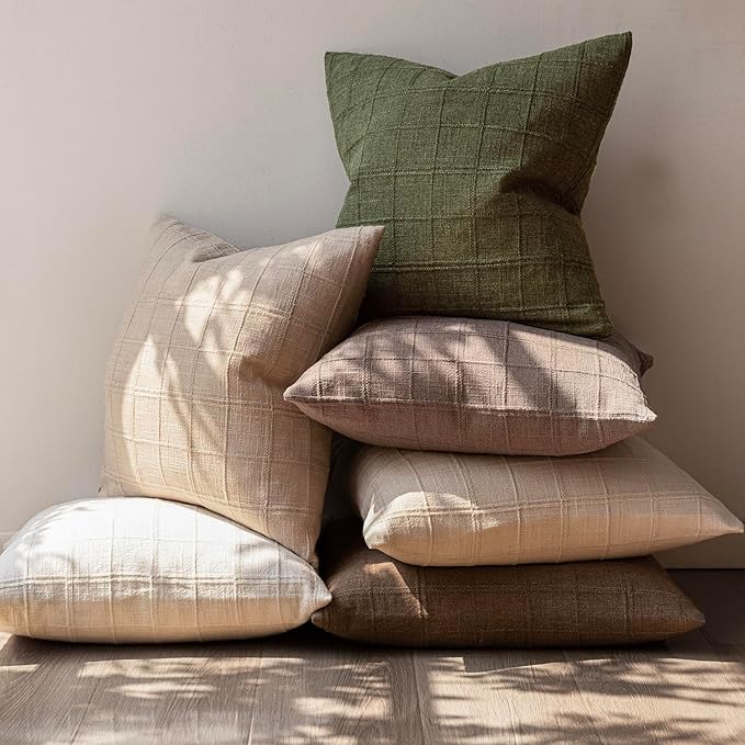 Foindtower Set of 2 Decorative Linen Check Throw Pillow Covers Neutral Farmhouse Vintage Cushion Covers Modern Boho Home Decor for Sofa Chair Couch Bedroom Living Room Outdoor,22×22 Inch,Olive Green