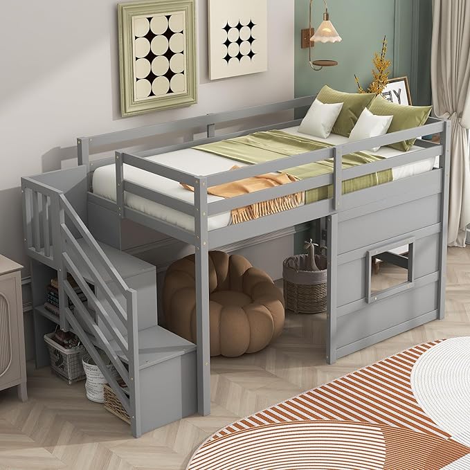 Twin Size Loft Bed with Storage Staircase and Window,Wood Twin Loft Bunk Bedframe with Full-Length Guardrail and Sturdy Slat Support, No Noise,No Box Spring Needed,for Kids,Teens,Boys,Girls,Gray
