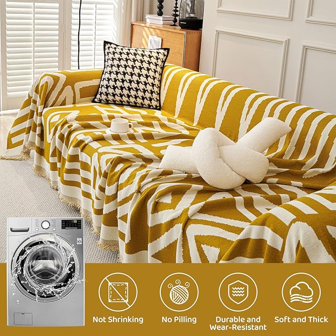STACYPIK Boho Mustard Yellow Couch Cover Sofa Cover for Dogs Reversible Furniture Protector for 2 Cushion Couch Washable Sectional Sofa Covers Loveseat Cover Non Slip Pet Protector Cover-71X90IN
