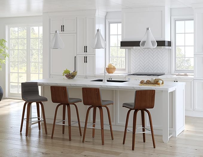 Armen Living Vienna 26" Swivel Counter Stool in Walnut Wood Finish with Gray Faux Leather - Set of 3