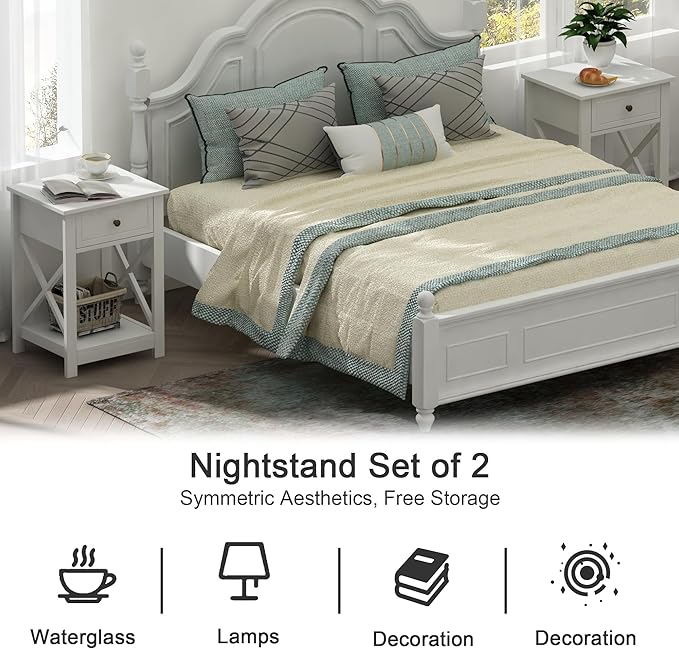 Treocho White Nightstand Set of 2, Modern X-Design Night Stand,Bedside End Table with Open Storage for Small Place,Bedroom