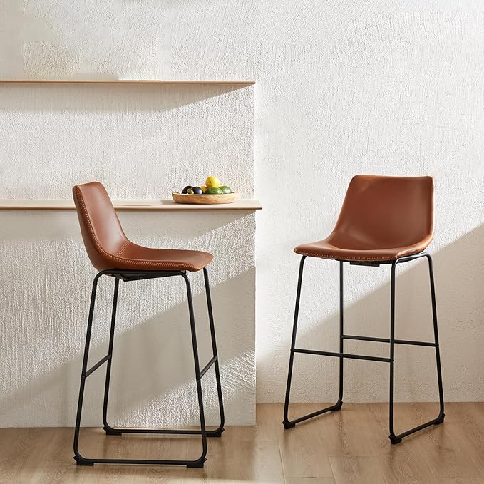 DUMOS 30 Inch Counter Height Bar Stools Set of 4, Modern Faux Leather High Barstools with Back and Metal Leg, Bar Chairs for Kitchen lsland, Elegant Brown