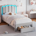 Twin Upholstered LED Bed Frame with Storage Drawer and Adjustable Chic Double Wavy Headboard, Velvet Prince Platform Bed for Boys/Kids, Solid Wood Slats Support, No Box Spring Needed, Grey