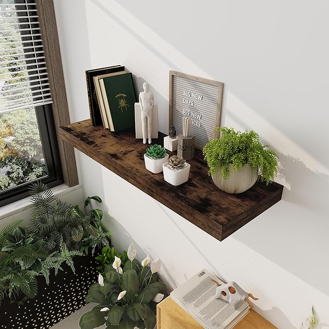 Floating Shelves 36 Inch Long, 12 Inch Deep Floating Shelves for Wall, 36 x 12 Shelves for Wall Storage & Display, 2" Thick Floating Shelf for Bathroom, Living Room, Rustic Brown Color, Set of 2