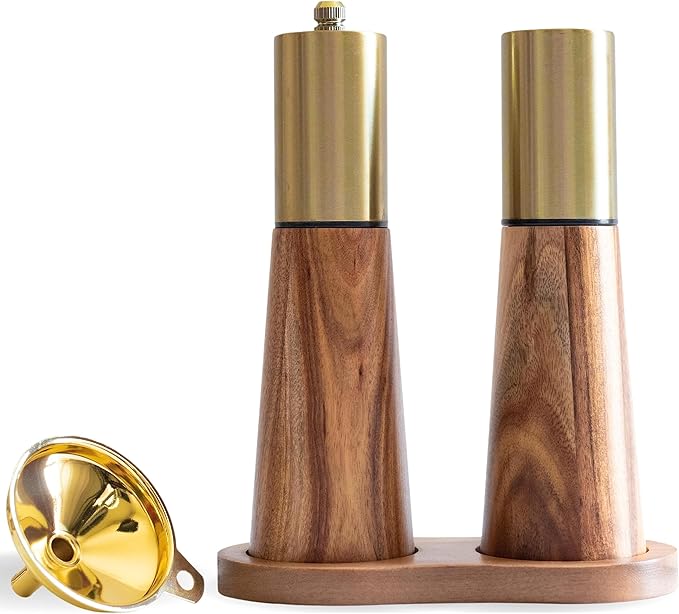 Gold Salt Shaker and Pepper Grinder Set,Stainless Steel Manual Salt Shaker and Pepper Mill,Adjustable Thickness,Suitable For Kitchen,Barbecue,Picnic,2 Packs