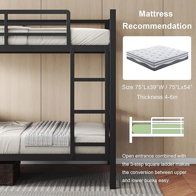 Feonase Metal Twin Over Twin Bunk Bed with Ladder and High Guardrail, Heavy-Duty Metal Slats Support, Noise Free, No Box Spring Needed, for Kids and Juniors, Black