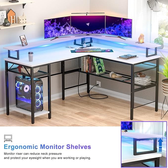 Unikito L-Shaped Desk with LED Strip and Power Outlets, Reversible Corner Computer Desk with Monitor Stand and Storage Shelf, Modern L-Shaped Gaming Table, Home Office Desk with USB Ports, White