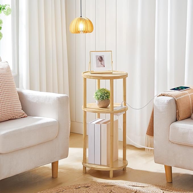HOOBRO Set of 2 Small Round Side Tables with Charging Station, 3-Tier Round Bamboo End Tables, Easy Assembly, for Living Room, Bedroom, Apartment, Natural YL152UBZP201