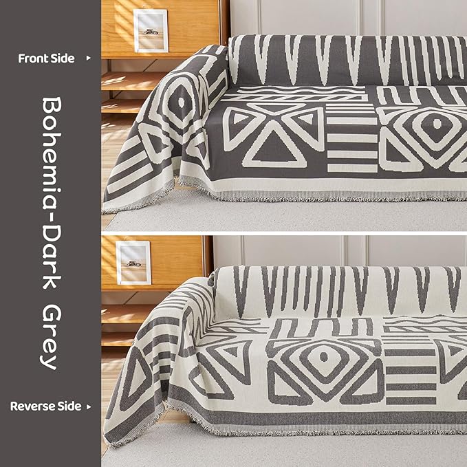 STACYPIK Thick Chenille Boho Sofa Cover Dark Grey Jacquard Geometric Sofa Cover for 1 Cushion Couch L Shape Cover Dog Sofa Protector Non Slip Pet Protector Covers Reversible Sofa Covers-71X71IN