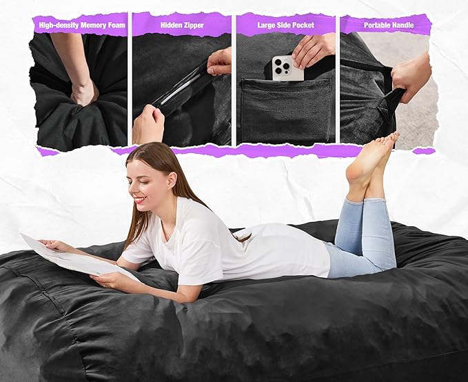 Hobestluk 5FT Bean Bag Chair Large Beanbag Lounger with Removable Cover Adult Bean Bag Chair with Portable Handle Desgin for Living Room Bedroom (Black, 5FT)