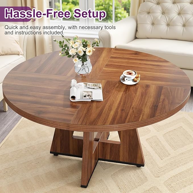Round Dining Table for 4, 47" Wooden Kitchen Dinner Table Rustic, Farmhouse Table for Dining Room, Living Room, Brown
