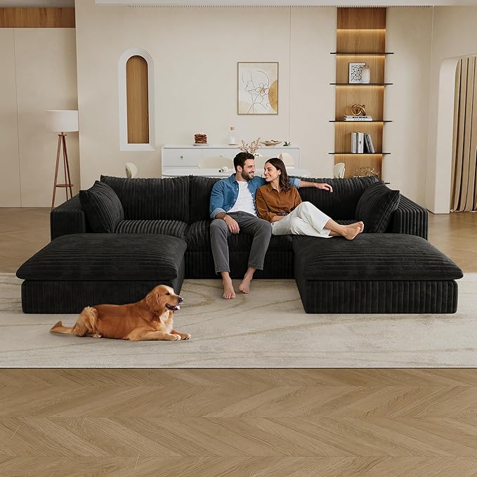 Down Filled Boneless Sectional Sofa Cloud Couch with Movable Ottomans, 118 inch Convertible U Shaped Lounge Couch w/Deep Seat, Fluffy Corduroy Upholstered Compress Modular Sofa
