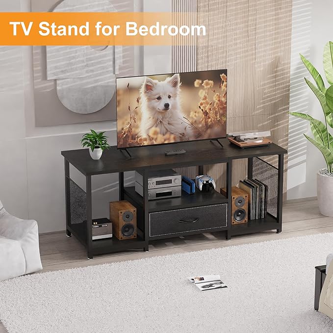 TV Stand with Drawers and Open Storage Shelves for 65 60 55 Inch TV, Entertainment Center with Open Storage Shelves, Industrial Media TV Console Table for Living Room Bedroom Office, Black