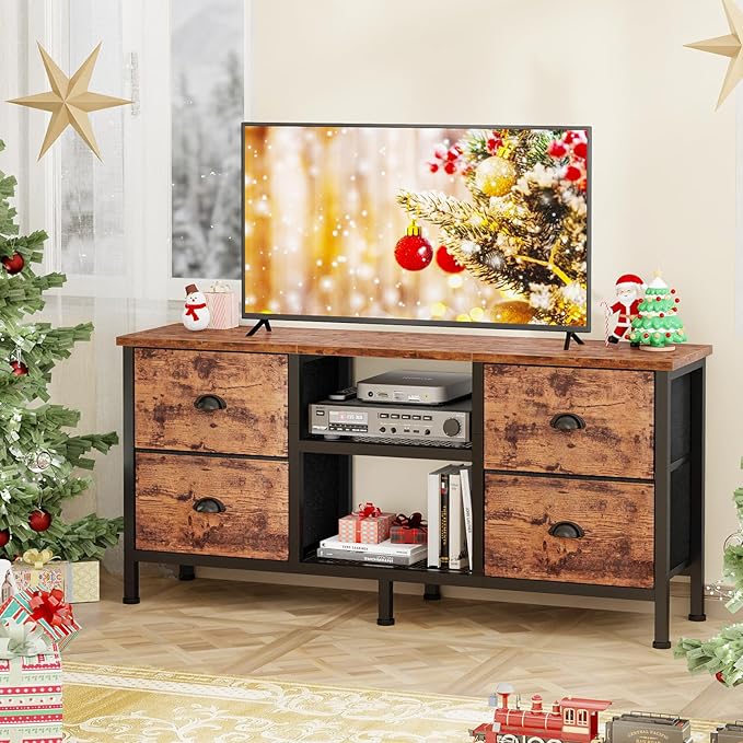 Furologee TV Stand Dresser with 4 Drawers, Television Stand with Open Shelf, Entertainment Center for 50" TV, Industrial Media Center for Bedroom, Living Room, Rustic Brown