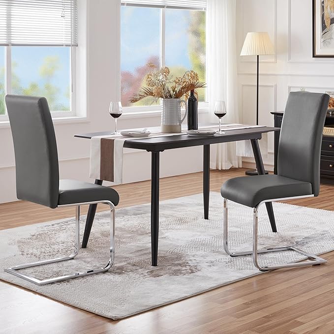 Yaheetech Dining Chairs Set of 2 Modern Faux Leather Upholstered Dining Room Chairs with High Back and Metal Chrome Legs for Kitchen/Living Room/Restaurant, Dark Gray