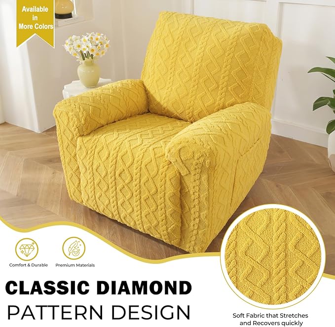 vctops 4 Pieces Geometric Jacquard Plush Recliner Slipcovers Soft Fuzzy Fluffy Sofa Couch Cover Anti-Slip Furniture Protector with Elastic Bottom for Kids Cats Dogs(Yellow,1 Seat)