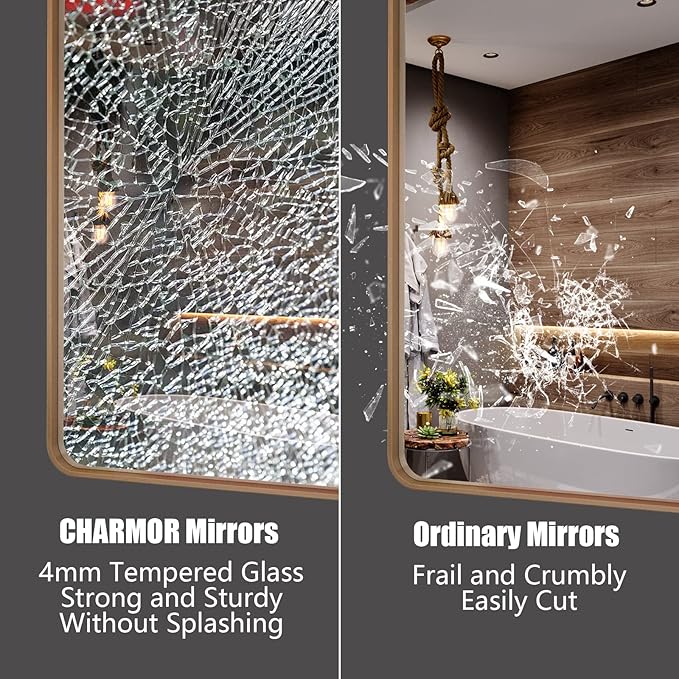 55x30 Gold Bathroom Mirror, Brushed Metal Frame Gold Vanity Mirror, Large Rectangle Mirror for Wall, Rounded Corner, Shatterproof, Anti-Rust (Horizontal/Vertical)