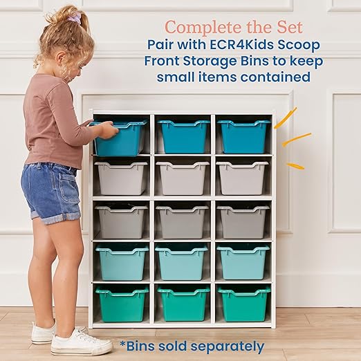 ECR4Kids Streamline 15 Cubby Tray Storage Cabinet, 5x3, Classroom Furniture, White Wash