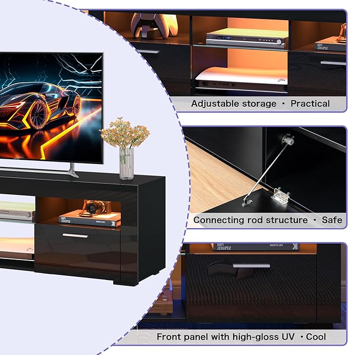 55" TV Stand for Living Room, High-Gloss Entertainment Center for 55 Inch TV, Spacious Storage Cabinet for Living Room & Bedroom (Black)