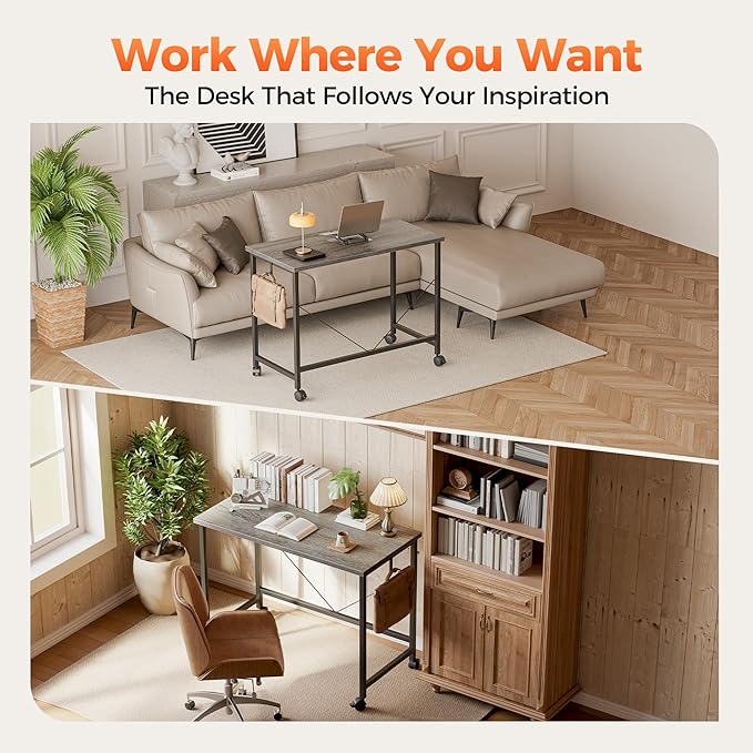 Rolling Computer Desk with Wheels, Gaming Desk for Small Spaces, Modern Simple Style Table for Home Office, Study Writing Table (Caster, Stone Gray, 48 inch)