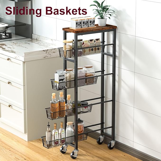 Honest Slim Storage Cart 4-Tier Slim Rolling Cart with Metal Frame and Wooden Top, 6.3 Inches, Storage Cart for Kitchen, Dining Room, Living Room, Bathroom, Home Office, Rustic Brown and Black